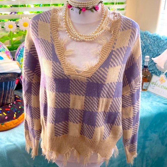 Just Polly periwinkle & tan oversized sweater - Picture 1 of 5